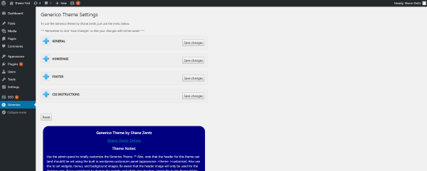 Shane Zentz Generico Wordpress Theme admin screenshot image